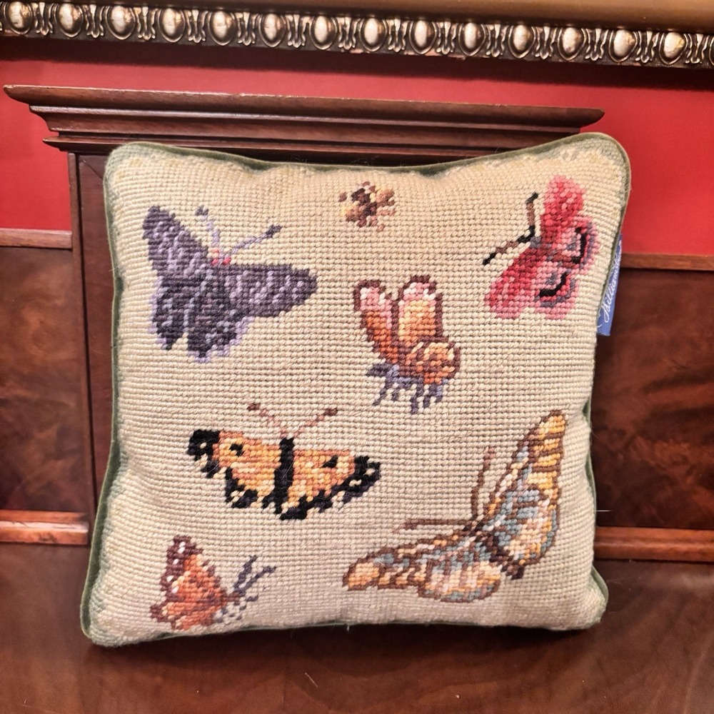 Williamsburg Needlepoint Butterfly Accent Pillow Green Velvet Back 10" x 10"